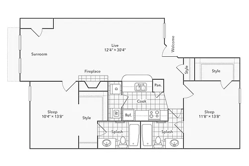 Floor plan 2 BR x 2 BA with Washer/Dryer