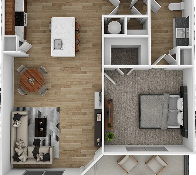 Explore your ideal living space with this modern one-bedroom apartment layout, featuring sleek design and a cozy patio. Explore your ideal living space with this modern one-bedroom apartment layout, featuring sleek design and a cozy patio.