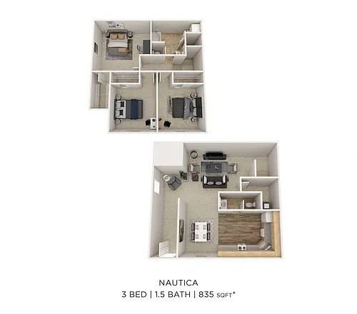 Floor plan Three Bedroom 1.5 Bath - 835 sqft