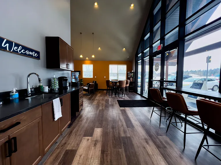 Clubhouse kitchen, work spaces, and social areas
