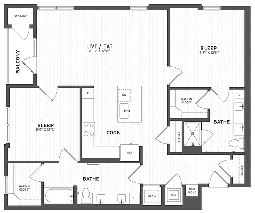 Floor plan 2 Bed/2 Bath-B1.1