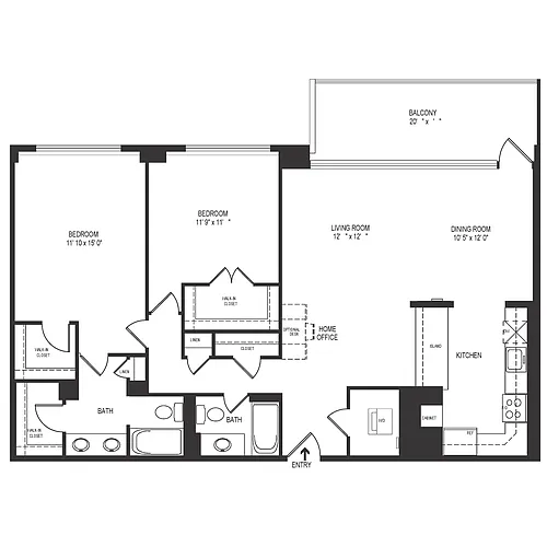 Floor plan 2 Bedroom 2 Bath 1246 SF 22r