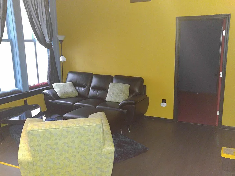 Living room with new furniture, including shag rug and 2-tie