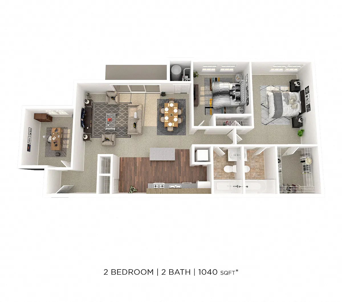 Floor plan Two Bedroom 2 Bath w/ Den - 1,040 sqft