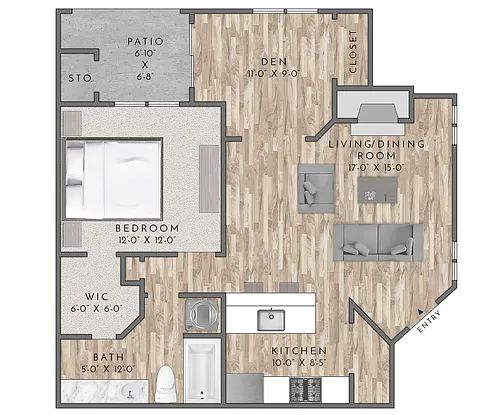 Floor plan A5-1BD/1BA with Den