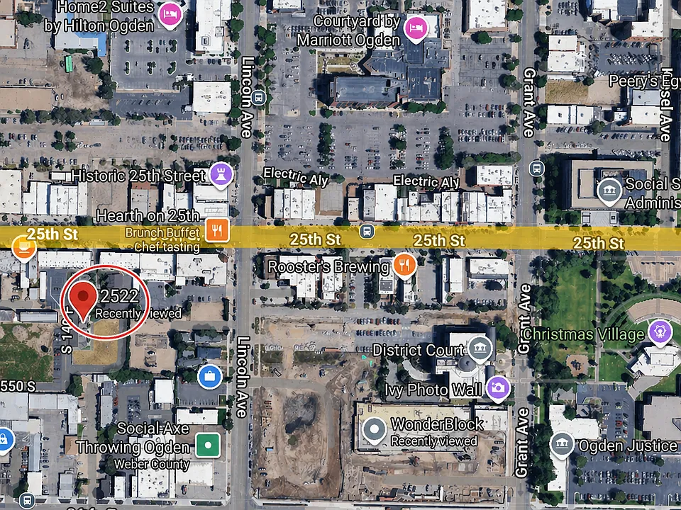 Steps from Historic 25th Street_this condo sits within the red circle, with 25th Street highlighted for reference, showing just how close you are to dining, coffee shops, and entertainment.