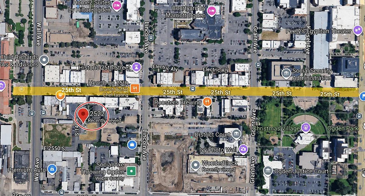 Steps from Historic 25th Street_this condo sits within the red circle, with 25th Street highlighted for reference, showing just how close you are to dining, coffee shops, and entertainment. - 2522 S 140 E