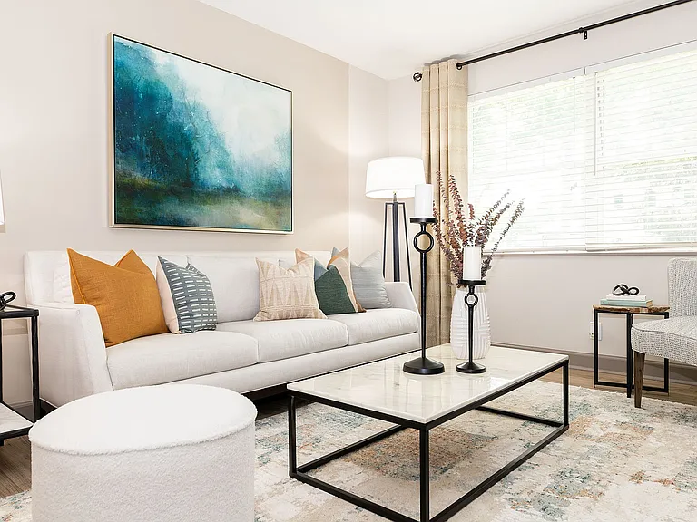 Spacious living room with hardwood-style flooring