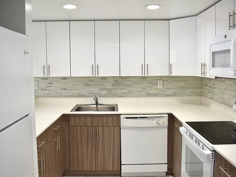 Quartz Countertops with Modern, European-Style Cabinetry With Self-Closing Hinges & Designer Backsplash Tiles
