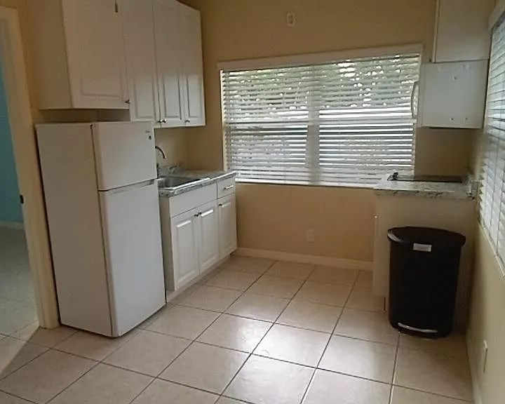 West view of Kitchen. Lots cabinet space, simple sink and apartment refrigerator.