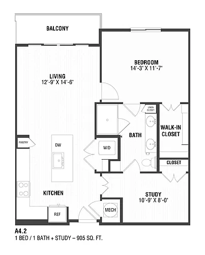 Floor plan 1 Bed/1 Bath + Study