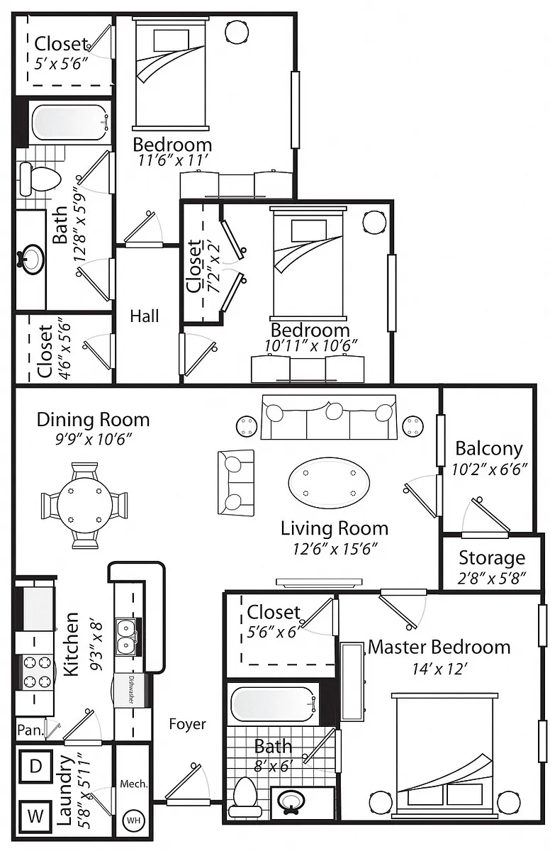 Floor plan Three Bedroom Two Bathroom 60%