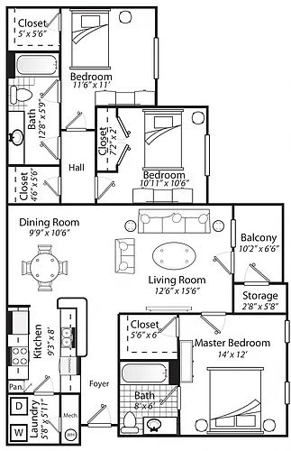 Floor plan Three Bedroom Two Bathroom 60%