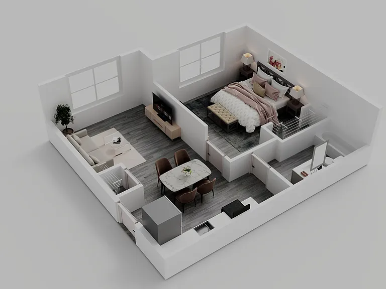 Cozy 1-bedroom, 1-bathroom design with a smart, space-saving layout.