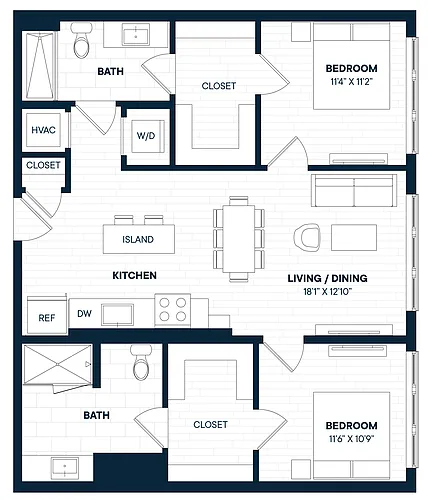 Floor plan 2 Bed 2 Bath-B1