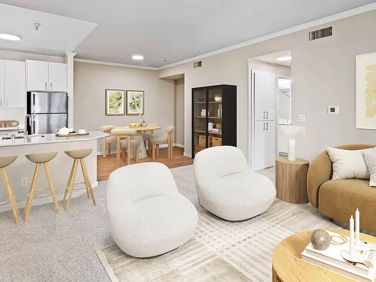 Carpeted Living Room and Dining Room with Hard Surface Flooring