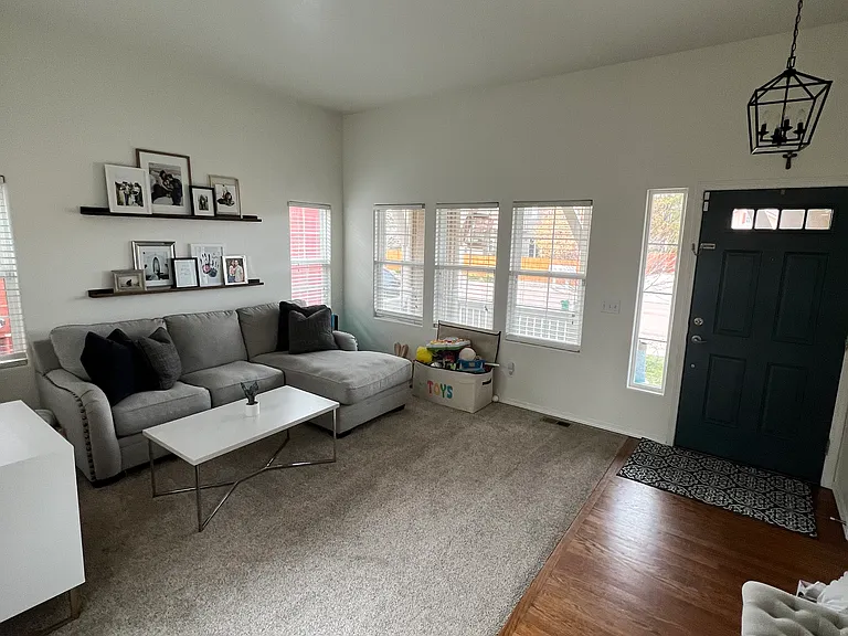 Living room upon entry, includes entry closet for coats/shoes