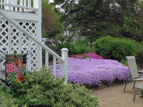 Steps down to stone patio