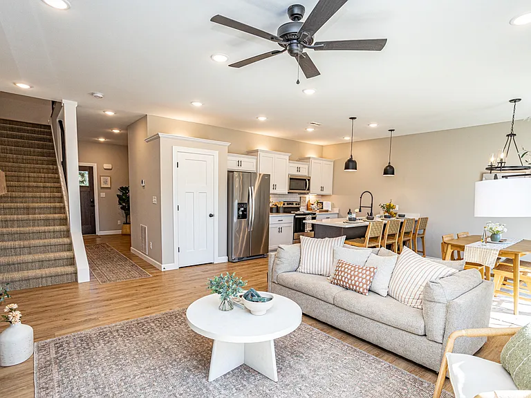 Open concept layout: Living room, Dining room and Kitchen