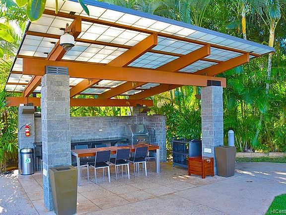 Poolside Trellis-Covered BBQ Cabanas