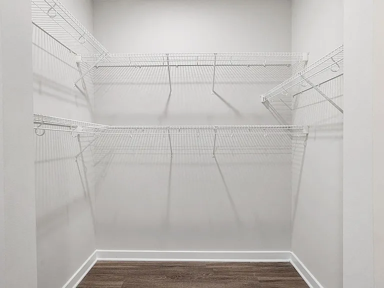 Spacious closets with shelving, perfect for organizing shoes and clothes.