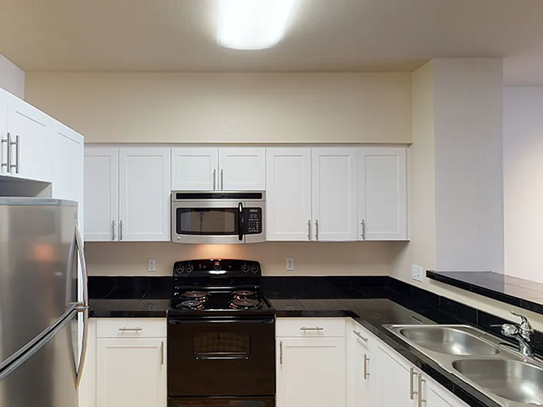 Apartment kitchen with wood-style flooring.