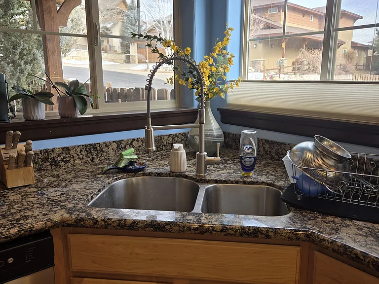 Double sink with garbage disposal.