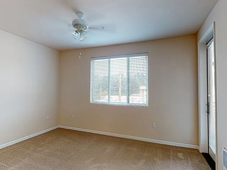 Apartment living room with plush carpet flooring.