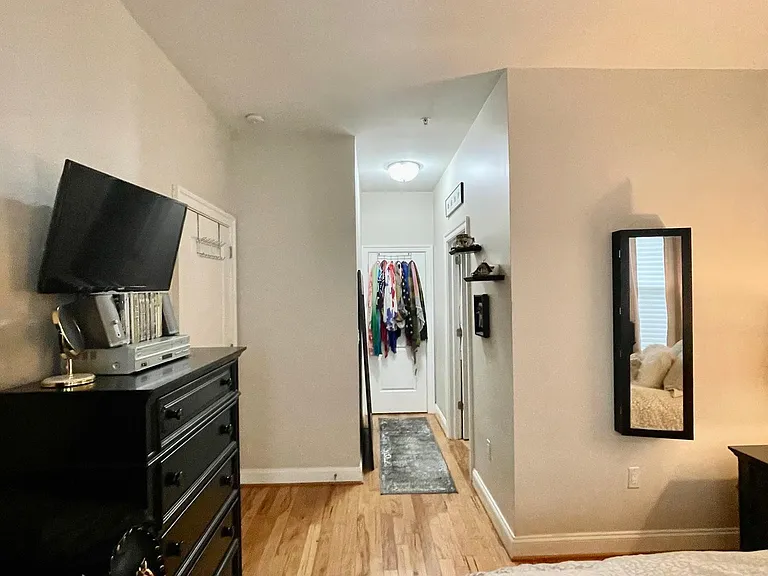 Looking into the Hall leading to the Walk-In Closet and Separate Bathroom Door.