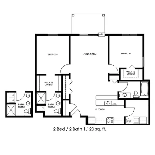 Floor plan 2 Bed 2 Bath | 1120 sqft