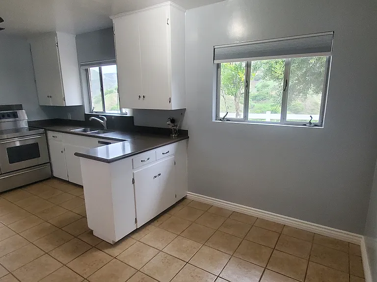 Eating area in kitchen. The door to the right leads to a bathroom, laundry area and back yard.