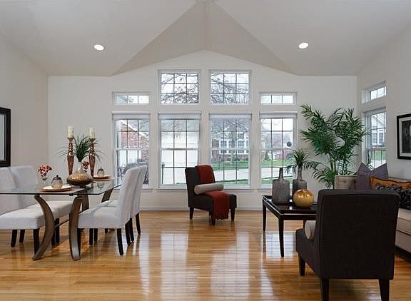 Inverted vault in this beautiful Great room. Also being used as formal dining room.  Gorgeous wall of windows!