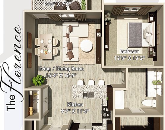 Explore The Florence's elegant design with a spacious living area and private patio. Explore The Florence's elegant design with a spacious living area and private patio.