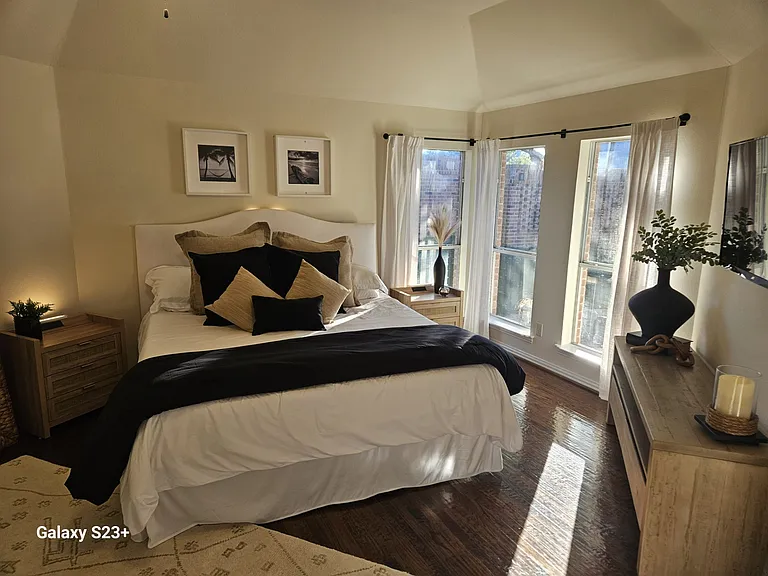 Master Bedroom with all Pottery Barn furniture, King bed, TV, and brand-new pillows and bed linens.