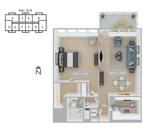 Floor plan A14-850SF-3J-6J-Classic