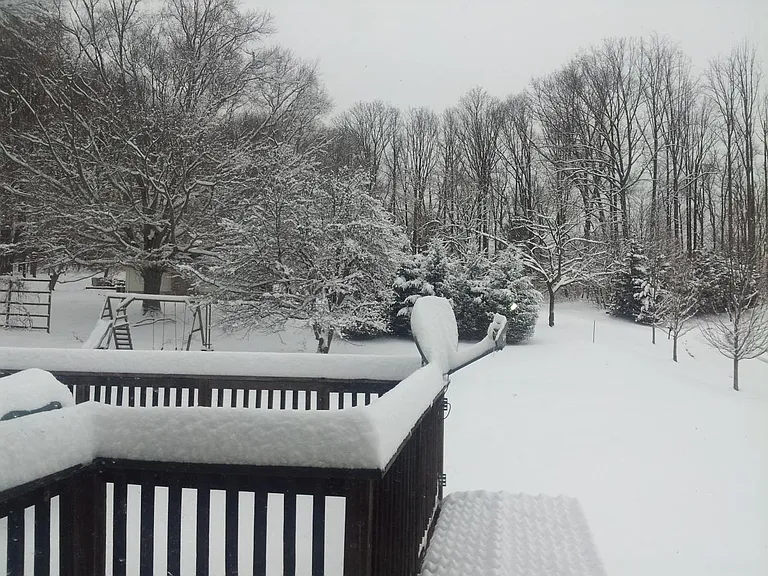 Snow-covered Dutch-style stone home with a long driveway and trees creating a serene winter landscape.