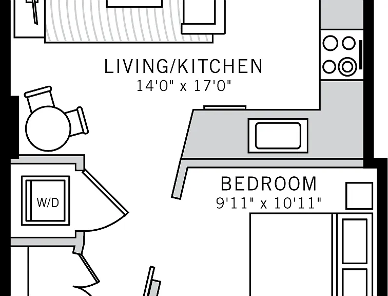 1 bedroom 1 bath apartment with dining area, walk in closet, patio and 571 sq ft