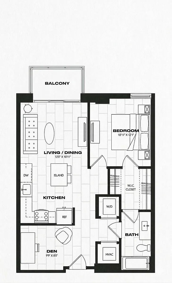 Floor plan 1 Bed/1 Bath/Den-B7.3.2