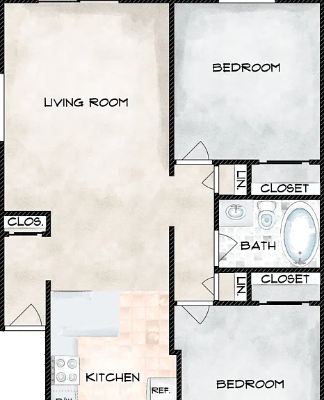 2 Bed 1 Bath Floorplan Diagram