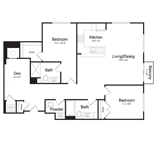 Floor plan Two Bedroom/Two Bath (2F-A) Den and Balcony