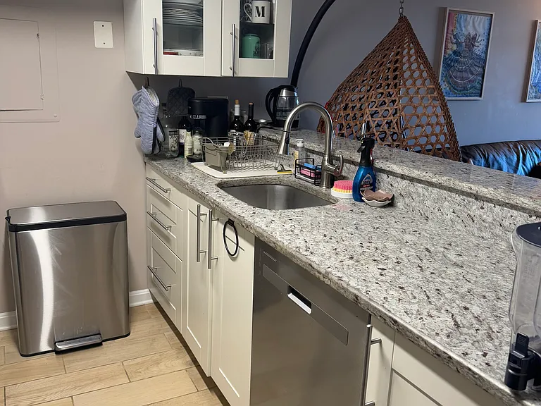 Kitchen facing the living room/dining room. Has a little bar counter.