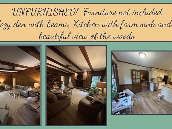 Cozy Den with wooden beams, Kitchen with farm sink and wooden counter tops.
