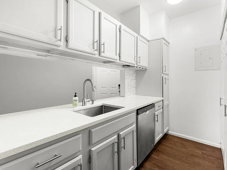 Galley-style kitchen featuring quartz countertops, stainless steel appliances, abundant cabinetry, and ample storage, including a pantry with convenient pull-out drawers.