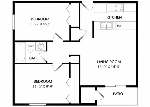 Floor plan Two Bedroom One Bath (B)