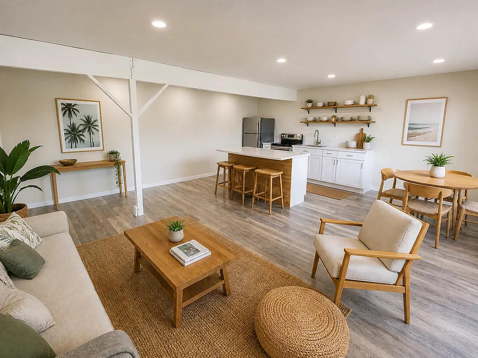 Open concept living room, dining room and kitchen. 

Photos have been digitally staged using AI.