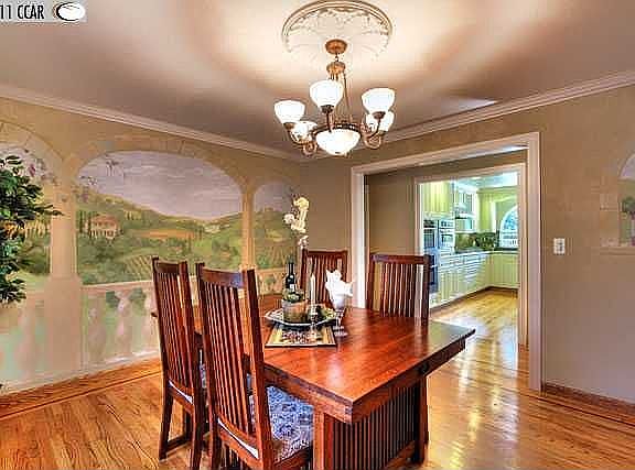 Formal dining room with countryside mural
