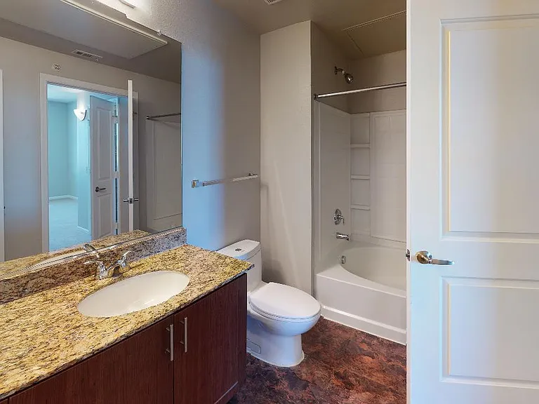 Apartment bathroom with wood-style flooring.
