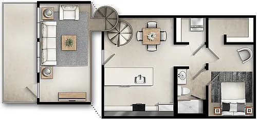 Floor plan Two-Story One Bedroom Loft-A5