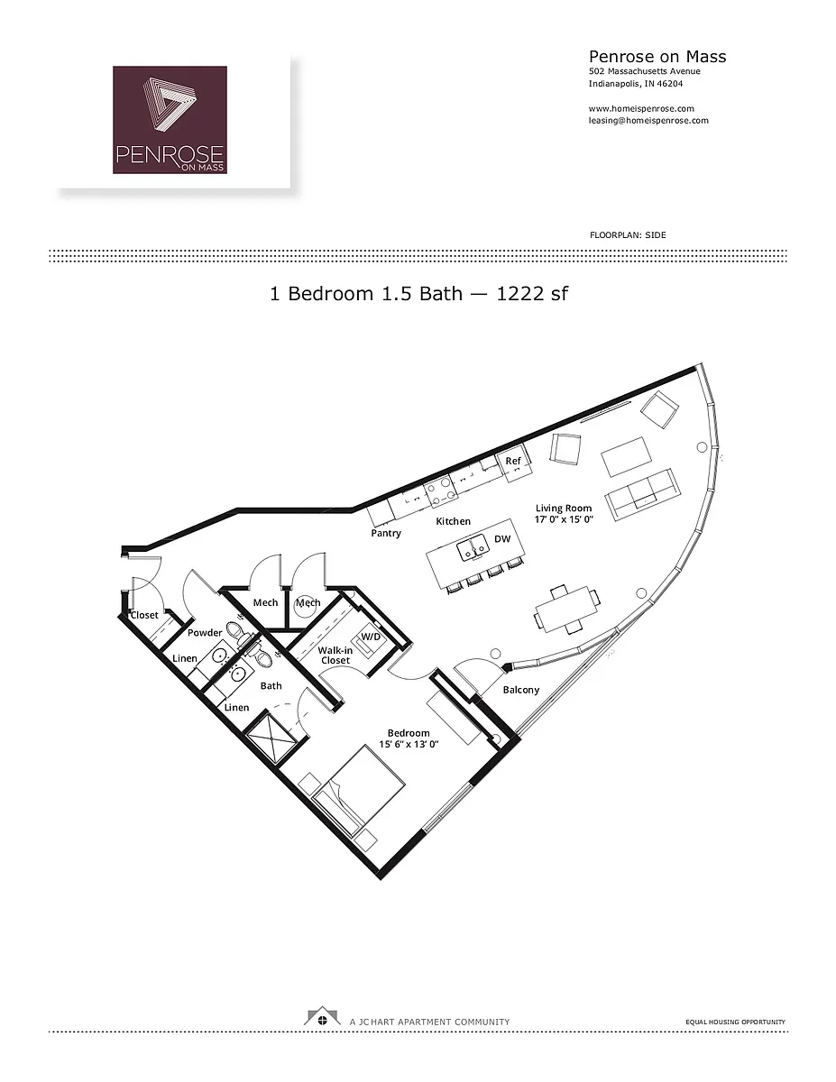 Floor plan 1BR/1.5B G Mass NE Corner Curtain (shower/balc/cor