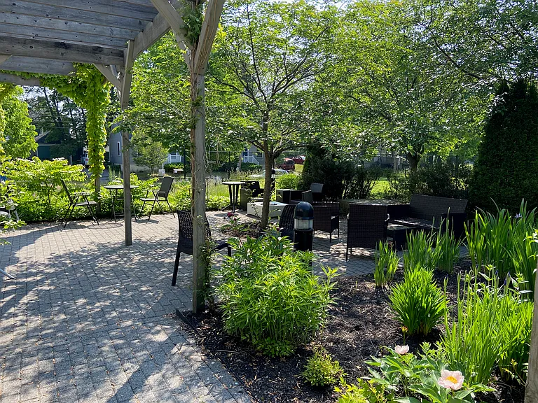 Shared garden patio. Grill, couches, lovely shaded spot.